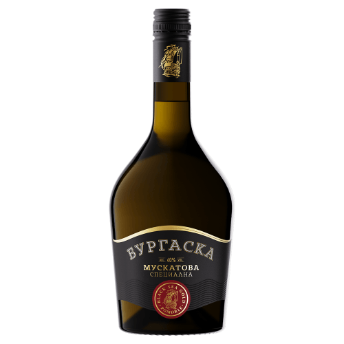 Black Sea Gold Pomorie Burgas Muskatova Rakija | 0,7 l Burgaska Muskatova Special Rakia, ein hochwertiger Muskatova Rakija aus Trauben, mit schwarzem Etikett, goldenen Verzierungen.